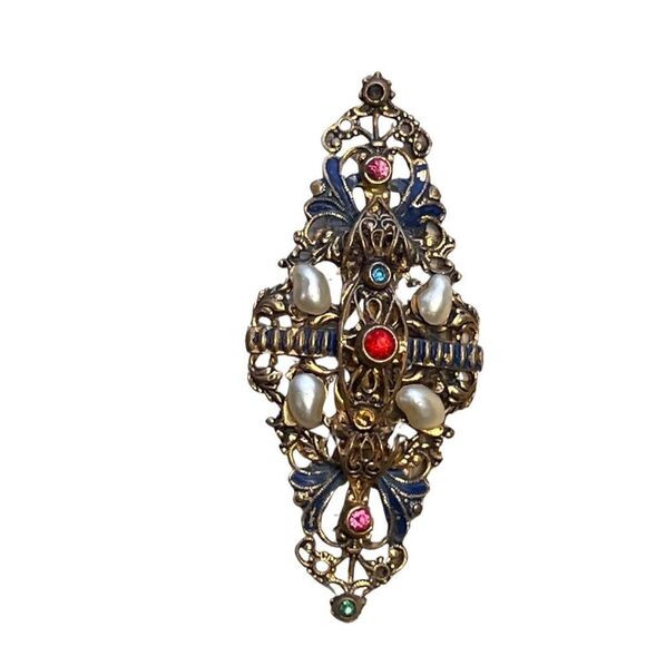 Antique Edwardian Czech Glass Filigree Pearl Ruby Sapphire Stone Brooch - Picture 3 of 9